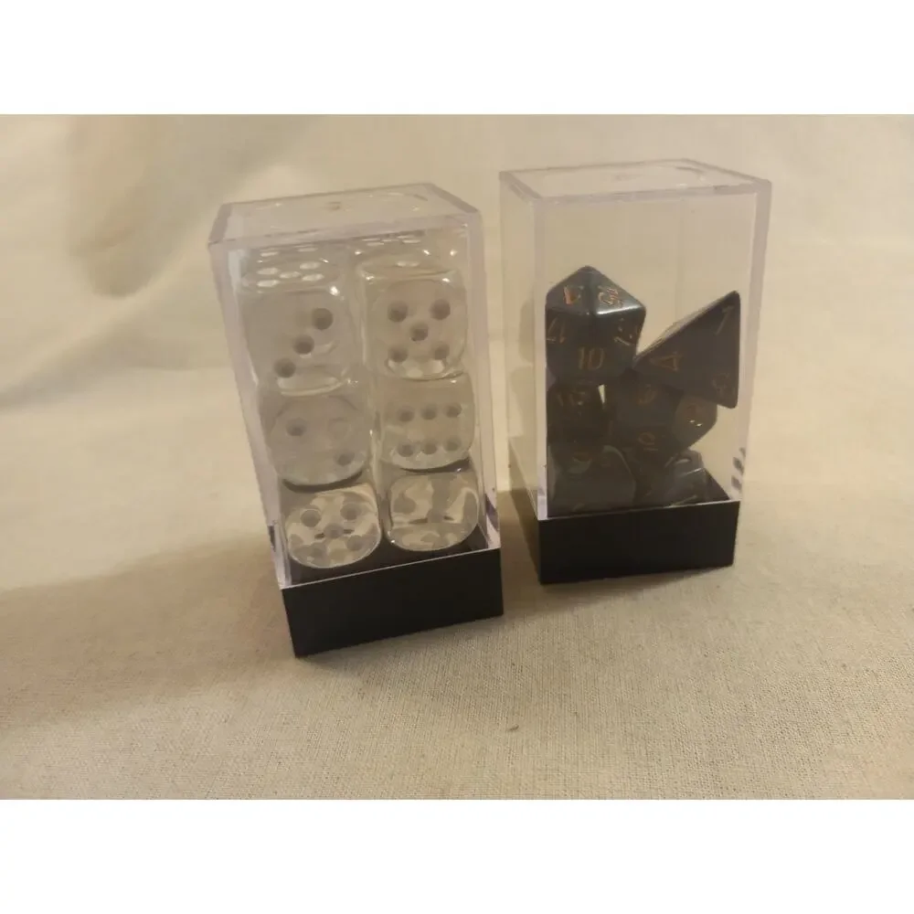 2 Dice - Clear with White D6 16mm Dice CHX 23601 & Grey with Gold Multi Sided